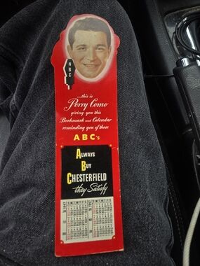 Chesterfield Vintage-Style Red Promotional Bookmark Featuring Perry Como